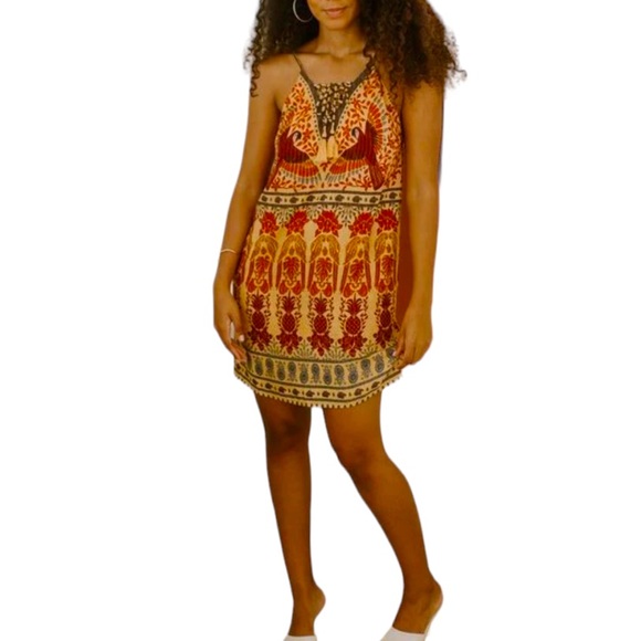 FARM Rio Dresses & Skirts - Farm Rio Anthropologie Color Macaws Print Short Mini Dress - Yellow Red - Small